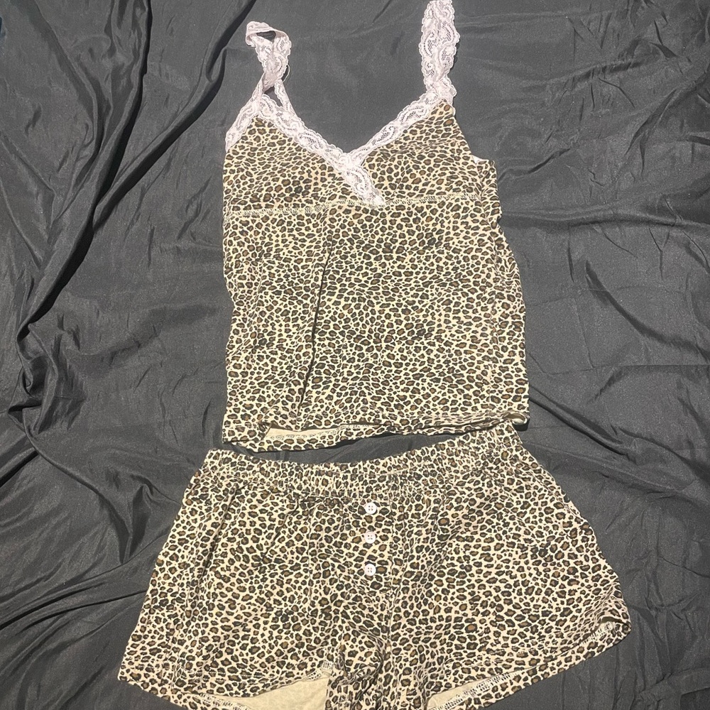Leopard Print Lace-Trim Tank & Shorts Sleep Set in Beige